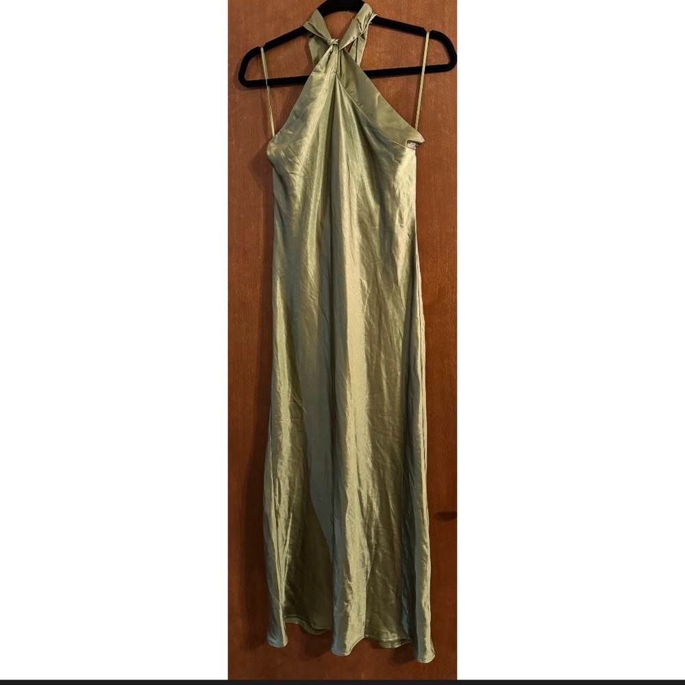 Petal & Pup Grasie Olive Green Satin Halter Midi Dress Size 10 NWT Wedding Guest